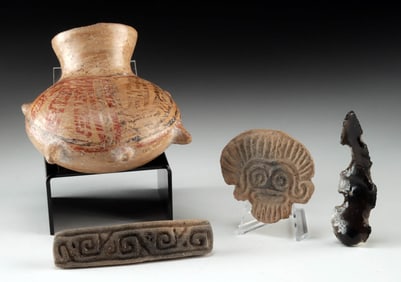 Mesoamerican Pottery Turtle Vessel, Stamps, & Obsidian