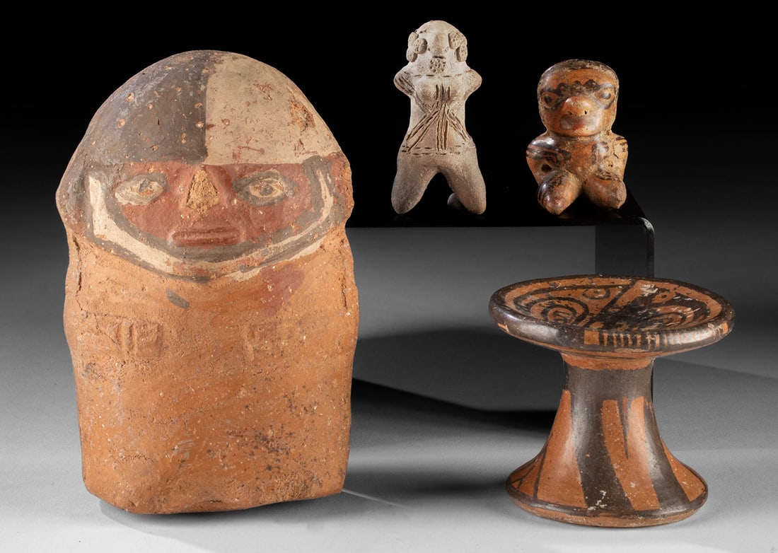 Pre-Columbian Pottery Figures, Vessel & Figural Rattle: Pre-Columbian, Peru, Ecuador, Costa Rica, & Panama, ca. 5th BCE to 14th century CE. A diverse group of four pre-Columbian pottery pieces from across the Americas. Included is a Chancay doll rattle fro