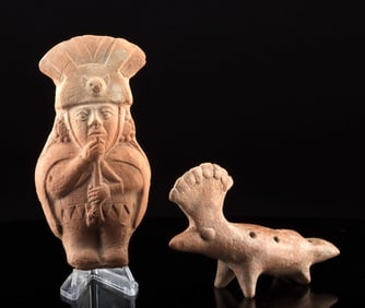 Two Moche & Colima Pottery Ocarinas - Lord & Bird Forms