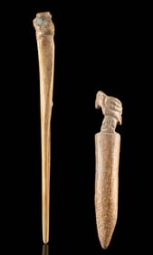 Moche-Chimu Bone Tupu Pins, Bird Finial & Stone Inlays