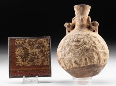 Chimu Pottery Figural Jar & Chancay Textile Fragment