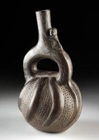 Chimu Blackware Stirrup Vessel - Squash and Monkey