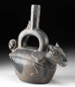 Chimu Blackware Stirrup Vessel of Figure on Llama