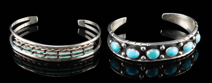 Zuni & Navajo Silver & Turquoise Cuff Bracelets, 2 pcs