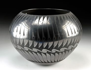 Signed Pueblo Black-on-Black Painted Pottery Vessel