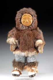 Alaska Inuit-Style Fur Doll & Hand-Carved Face