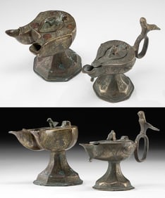 Two Medieval Seljuk Islamic Bronze Oil Lamps