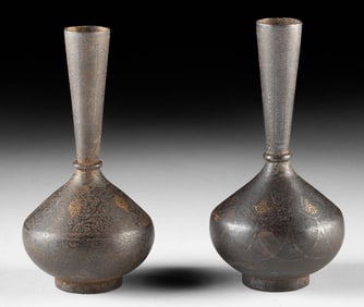 Pair of Persian Koftgari Iron & Gold Bud Vases