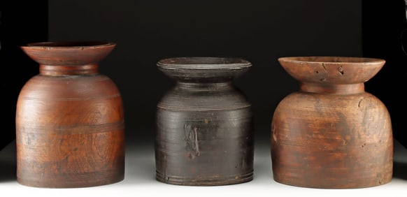 Nepalese Wood Turned Large Himachal Storage Pots, 3