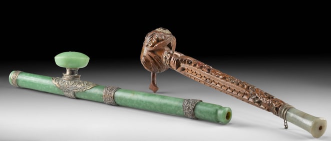 Two Chinese Smoking Pipes, Wood, Greenstone & Silver
