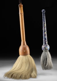 Two Chinese Large Calligraphy Brushes: Wood & Cloisonne