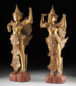 2 Burmese Mandalay Gilt Wood Winged Kinnara Statues