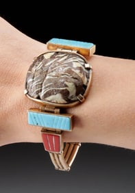 Egyptian Glass Scarab & Faience Bead in Gilt Bracelet