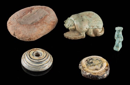 Egyptian Faience Scarab, Glass Beads & Amulet Mold