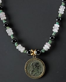 Roman Diocletian Coin, Faience & Quartz Bead Necklace