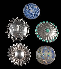 Five Mid-Century Mexican Silver Brooches & Pendants