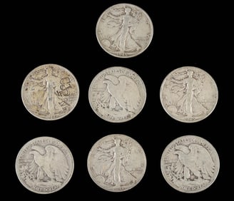 Seven 1935-1940s US Silver Walking Liberty Half Dollars
