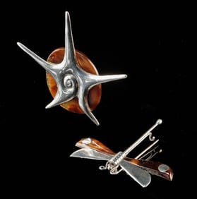 Spratling Silver & Horn Brooches, Dragonfly & Shell