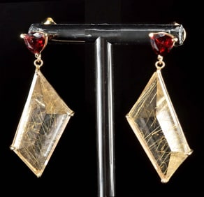 Garnet Stud Earrings 14K Gold w/ Rutilated Quartz Drops