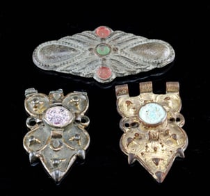 19th C. Gold Clasps w/ Enamel Inlays & Brass Brooch