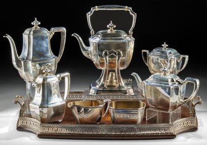 Tiffany & Co Sterling Silver Tea Service & Wood Tray