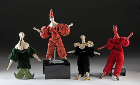 Signed "RW" Whimsical Art Dolls, Ceramic & Velvet (4)