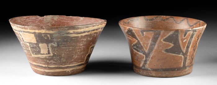 Two Tiwanaku Polychrome Tazones w/ Geometric Motifs