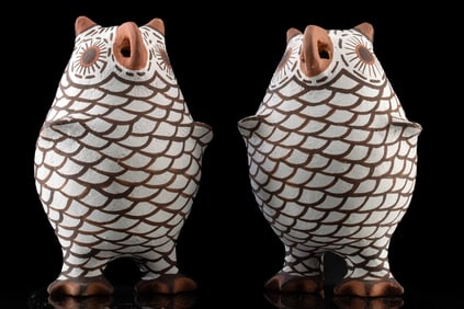 2 Miniature Zuni Pottery Owls by Evelyn Koskela