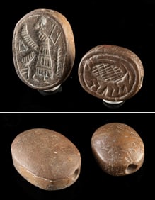 Two Sasanian Stone Scaraboid Beads w/ Winged Figure