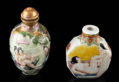 Pair of Chinese Qing Porcelain Erotic Snuff Bottles