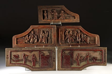 Chinese Giltwood Carved Panels, Domestic/Courtship (5)