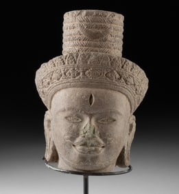 Khmer Angkor Sandstone Head of Shiva w/ Mukuta Crown & Third Eye