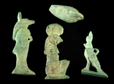 4 Egyptian Faience Amulets - Osiris, Anubis, Ra, & Swan