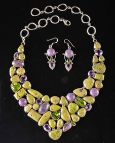 Mosaic Bib Necklace & Earrings - Silver w/ Serpentine, Peridot, Amethyst