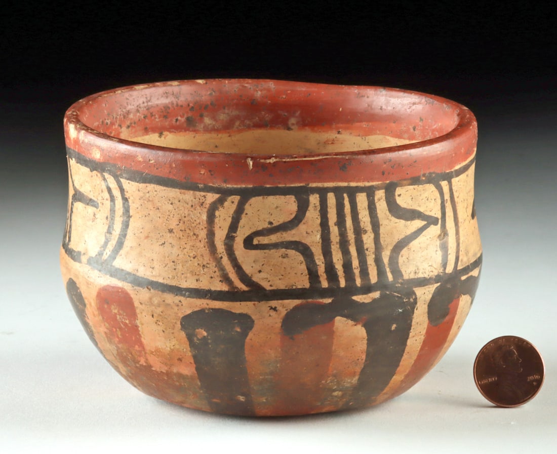 Maya Copador Painted Bowl - Abstract Black & Red Motifs: Pre-Columbian, Mesoamerica, Maya, Copador style, Classic period, ca. 600 to 900 CE. An intact Maya Copador polychrome bowl whose compact form and bold painted decoration reflect the confident graphic