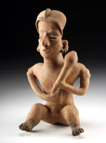Nayarit Pottery Seated Nude Male Warrior w/ Club
