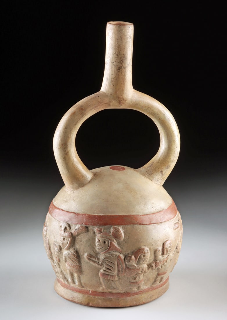 Moche Pottery Stirrup Vessel w/ Relief Procession Scene (1 of 5)