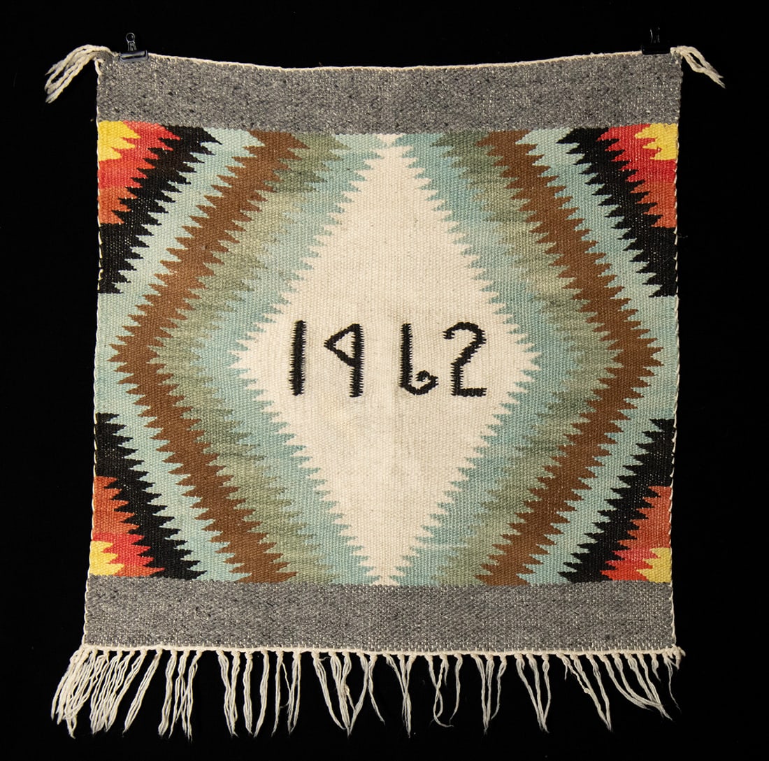 Navajo Pictorial Eye Dazzler Wool Sampler, "1962": Native American, Southwestern United States, New Mexico, (Dine) Navajo, ca. 1962 CE. A woven wool Navajo pictorial sampler weaving, commemorating 1962, showcasing the hallmark eye-dazzler pattern in a