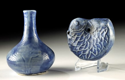 Korean Joseon Blue-Glazed Fish Water Dropper & Vase
