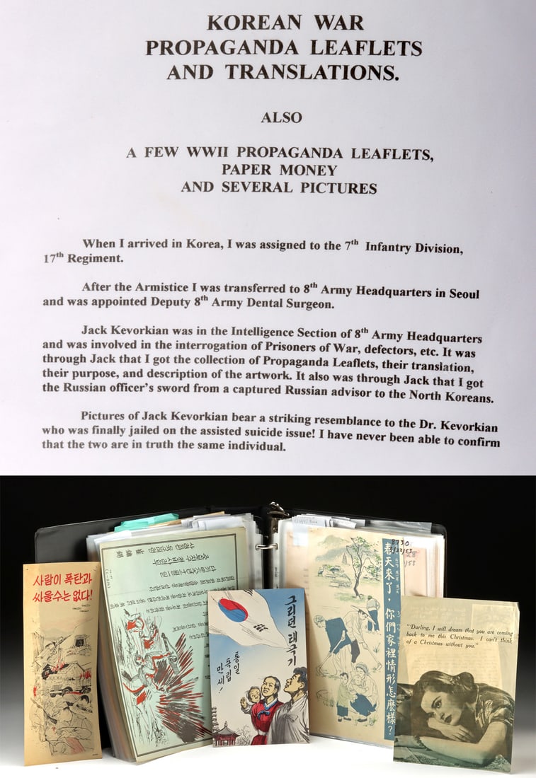 Korean War Propaganda Leaflets & WWII Documents Archive: Korea & Germany, ca. mid-20th century CE. An extraordinary and historically significant binder containing original Korean War propaganda leaflets, typewritten translations, and related documents - inc