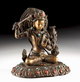 19th C. Tibetan Brass Seated Manjushri w/ Stones