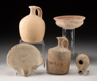 Ancient Levant Pottery Pitchers, Bowl, & Lamps, 5 pcs