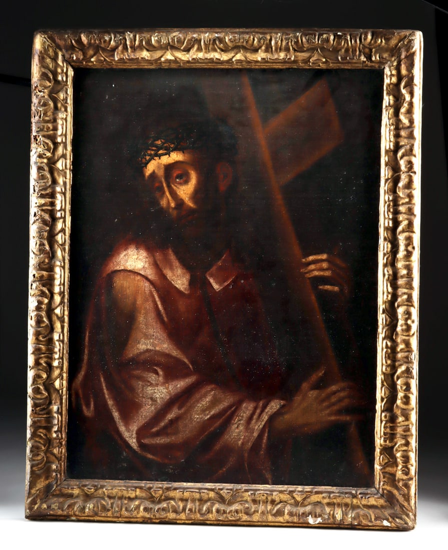 18th C. Spanish Colonial Painting, Jesus Carrying Cross: Spanish Colonial, Mexico, ca. 18th century CE. A moving and generously sized Spanish Colonial oil on canvas painting depicting Christ carrying the Cross in 3/4 view, finely painted with a mastery of c