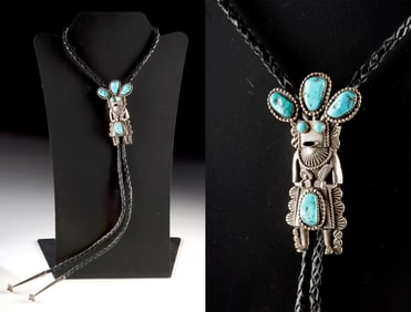 Kachina Silver Turquoise Bolo Tie w/ Leather Cord