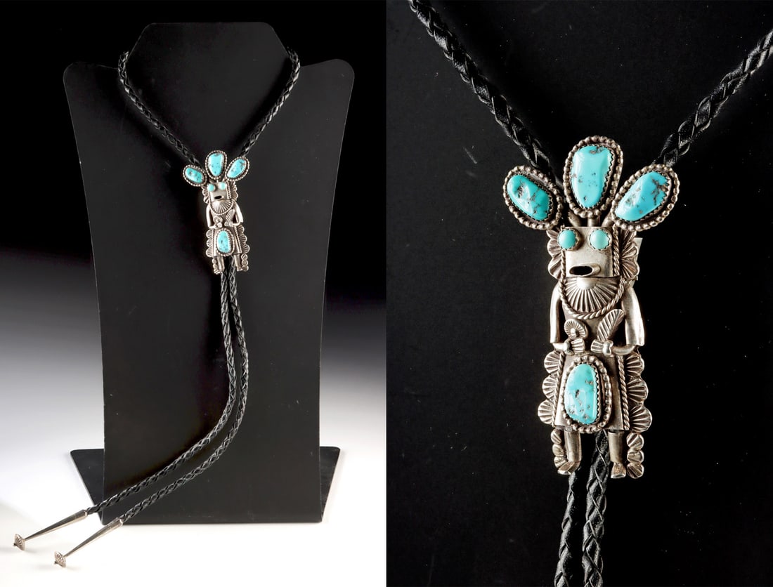 Kachina Silver Turquoise Bolo Tie w/ Leather Cord (1 of 4)
