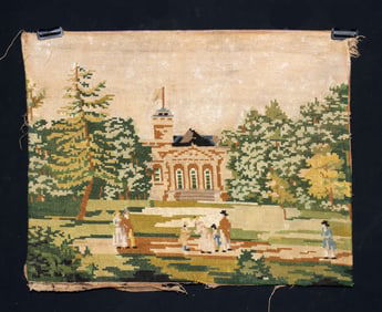 19th C. Needlepoint of Pastoral Architecture & Garden