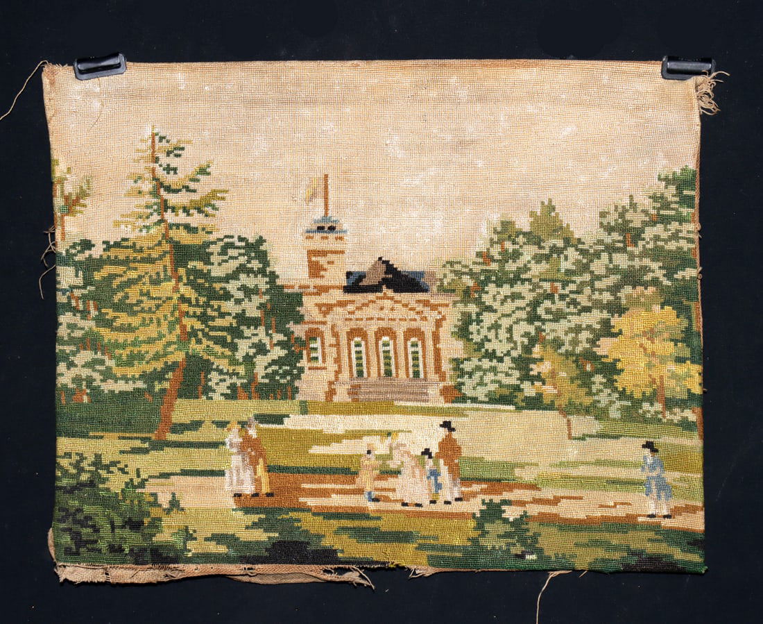19th C. Needlepoint of Pastoral Architecture & Garden: Western Europe or United States, Victorian era, ca. 19th century CE. A pictorial needlepoint tapestry depicting an idyllic outdoor scene centered on a neo-classical building with a columned portico an