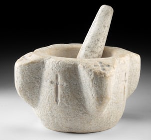 17th C. Spanish Marble Mortar and Pestle with Crosses