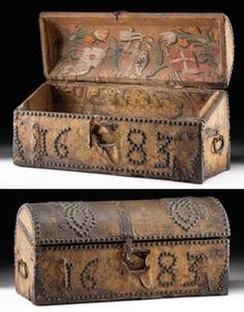 Rare 17th C. European Hide & Painted Heraldic Chest