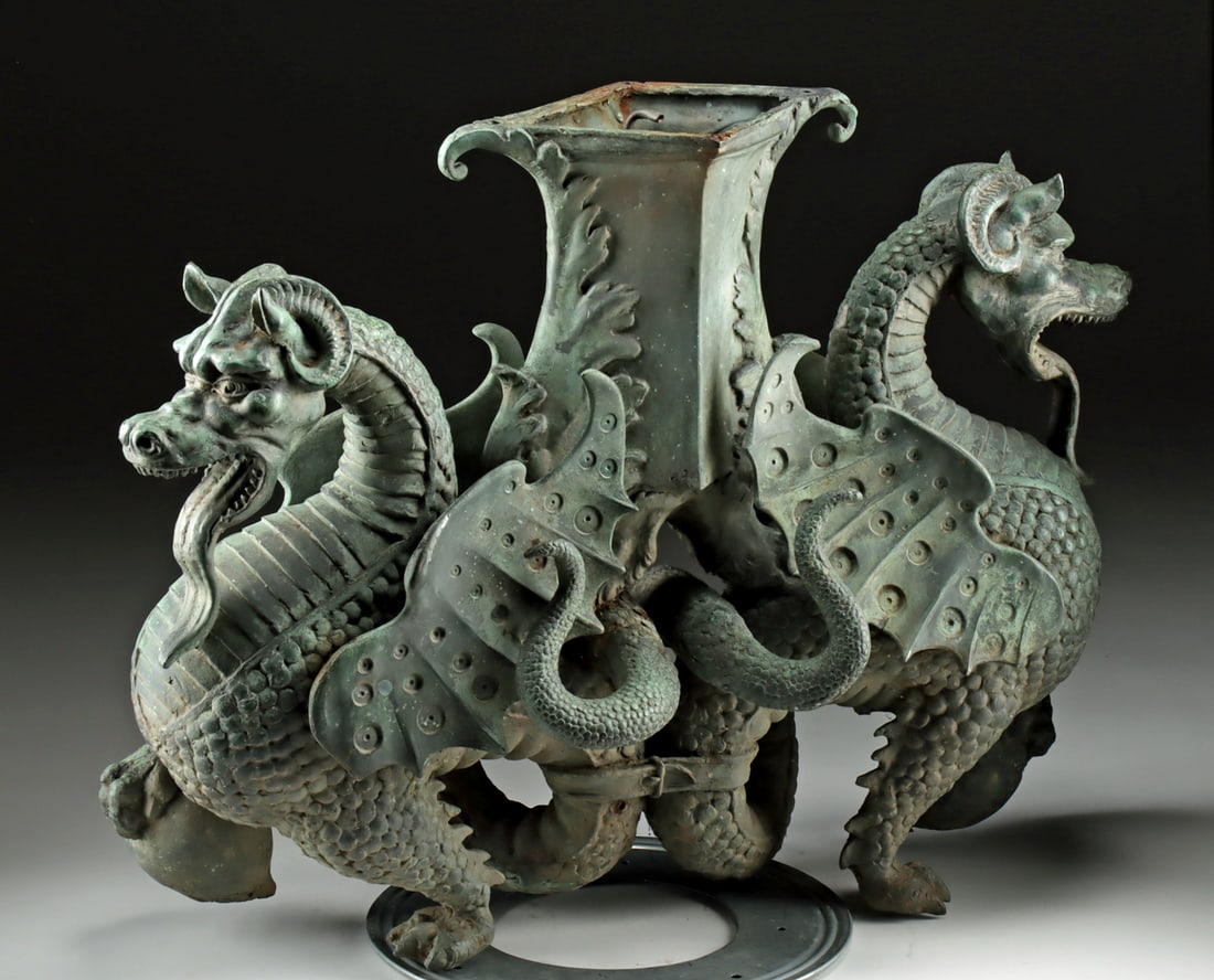 19th C. French Brass Fountain Group - Twin Wyverns: Western Europe, likely France or Northern Italy, Renaissance Revival, ca. 1870 to 1900 CE. A magnificent cast-brass fountain group featuring two back-to-back wyverns coiled around a central flared sle